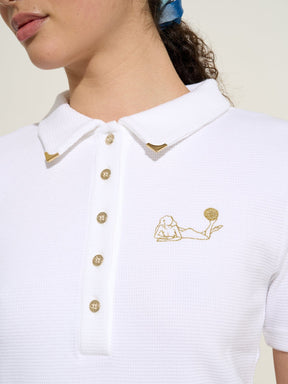 VENUS - Polo ajusté manches courtes brodé en jersey piqué de coton organique Blanc Top Fête Impériale