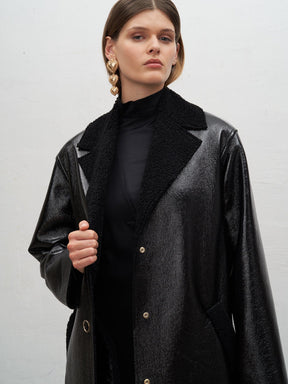 ACHAB - Manteau long col tailleur en vinyle et inspiration shearling Noir Manteau Fête Impériale