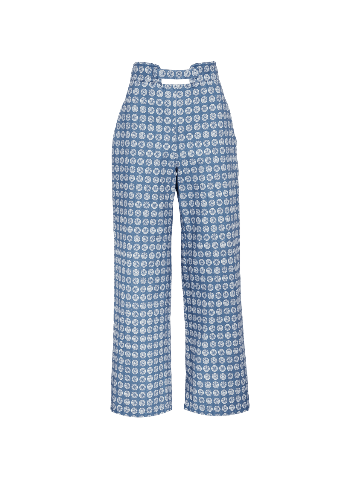 ACIS - Pantalon taille haute en toile de coton bleu imprimé blason blanc Pantalon Fête Impériale