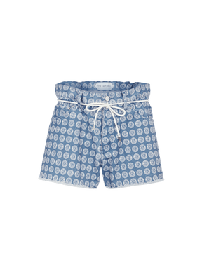ANDREA - Short taille haute en toile de coton bleu imprimé blason blanc Short Fête Impériale