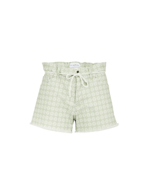 ANDREA - Short taille haute en toile de coton vert céladon imprimé blason blanc Short Fête Impériale