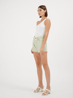 ANDREA - Short taille haute en toile de coton vert céladon imprimé blason blanc Short Fête Impériale