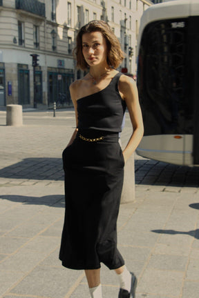 BASTIA - Jupe midi taille haute et chainette dorée en jersey noir Jupe Fête Impériale