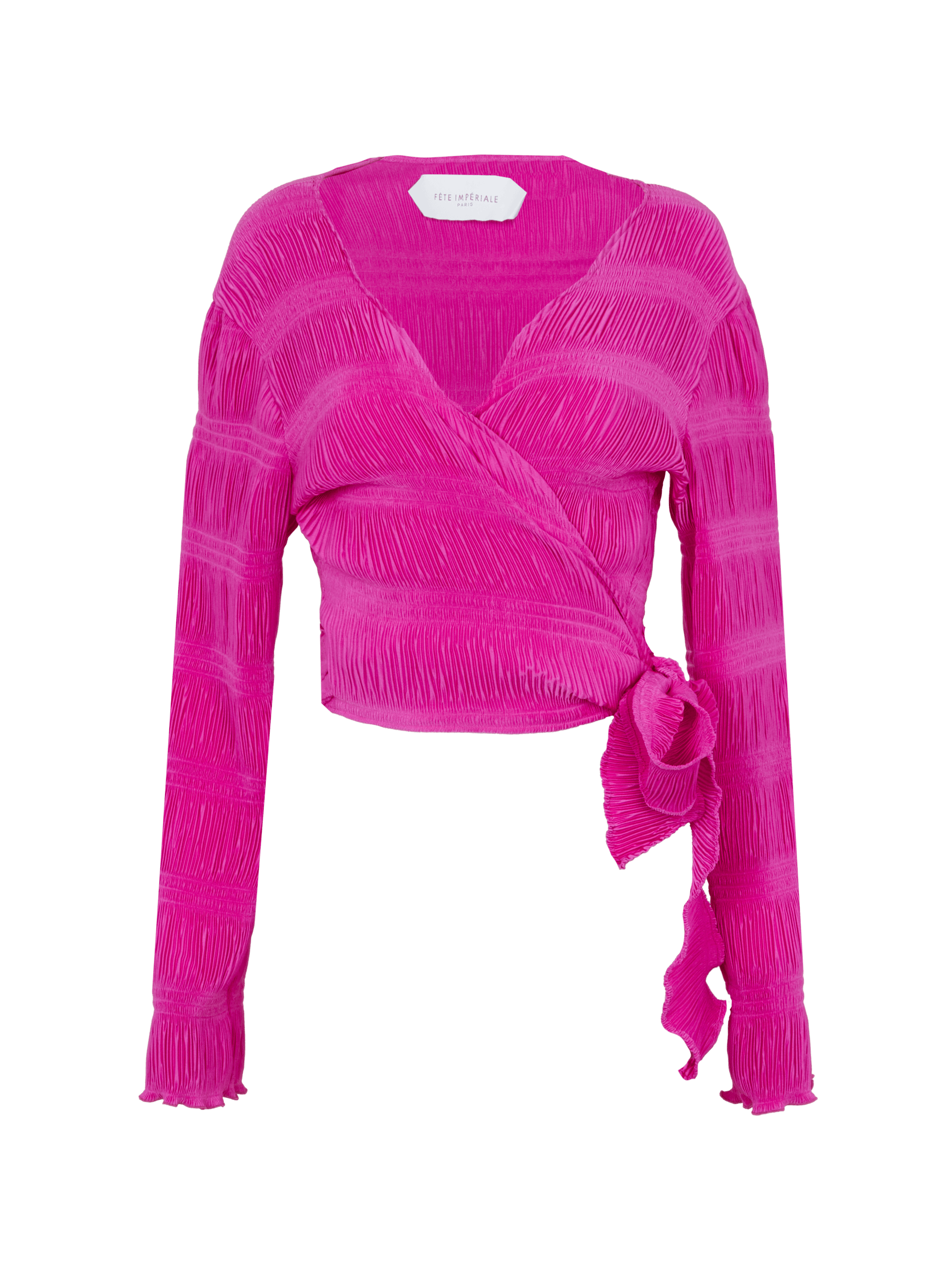 BONIFACIO - Blouse cache-cœur nouée plissé fuchsia Blouse Fête Impériale