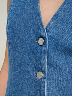 CALVINIA - Robe longue chasuble boutonnée en denim délavé Oeko-Tex Bleu Robe Fête Impériale
