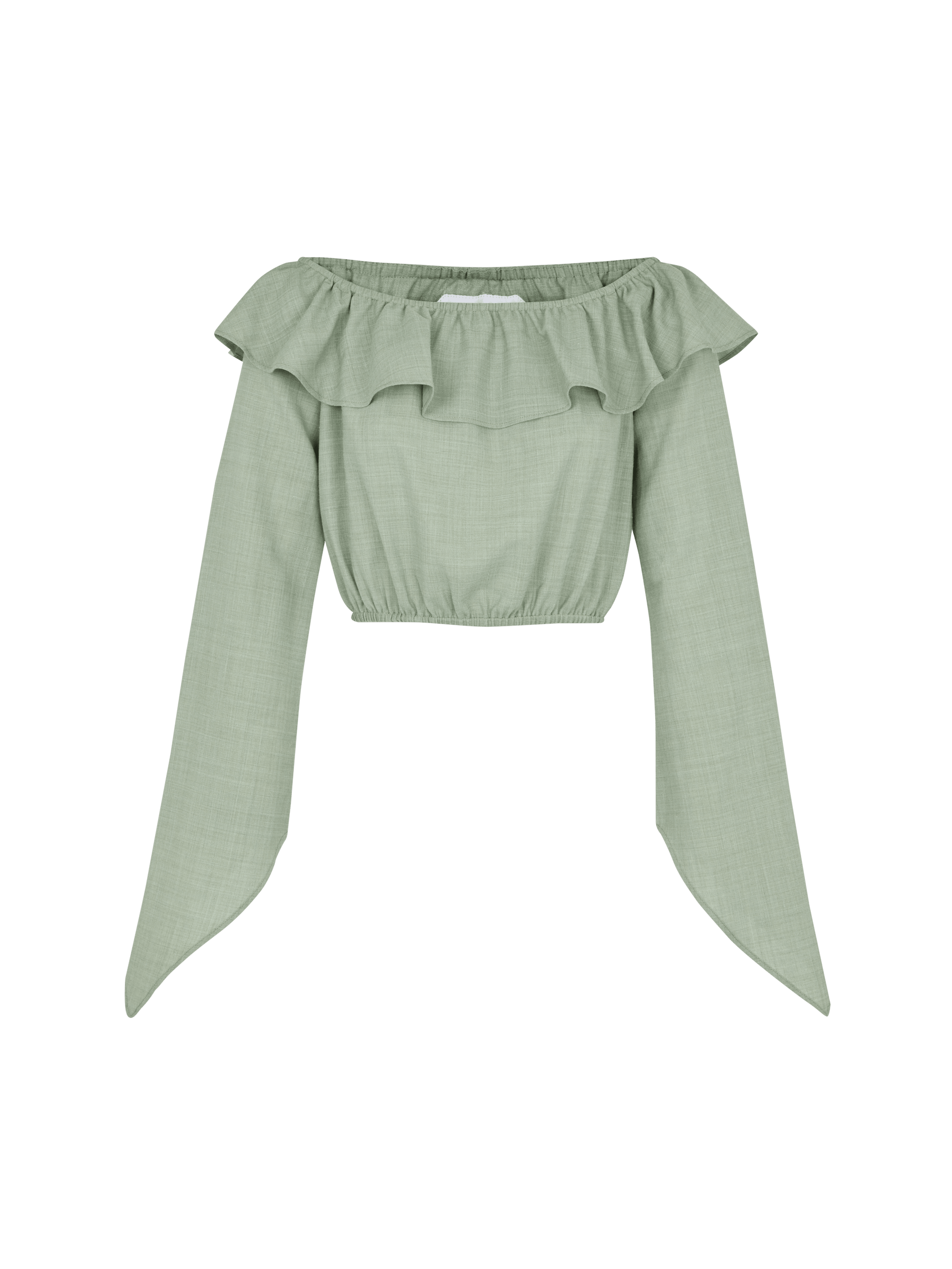 CECILE - Blouse crop top encolure Bardot volantée en toile de coton Oeko-Tex vert céladon Blouse Fête Impériale