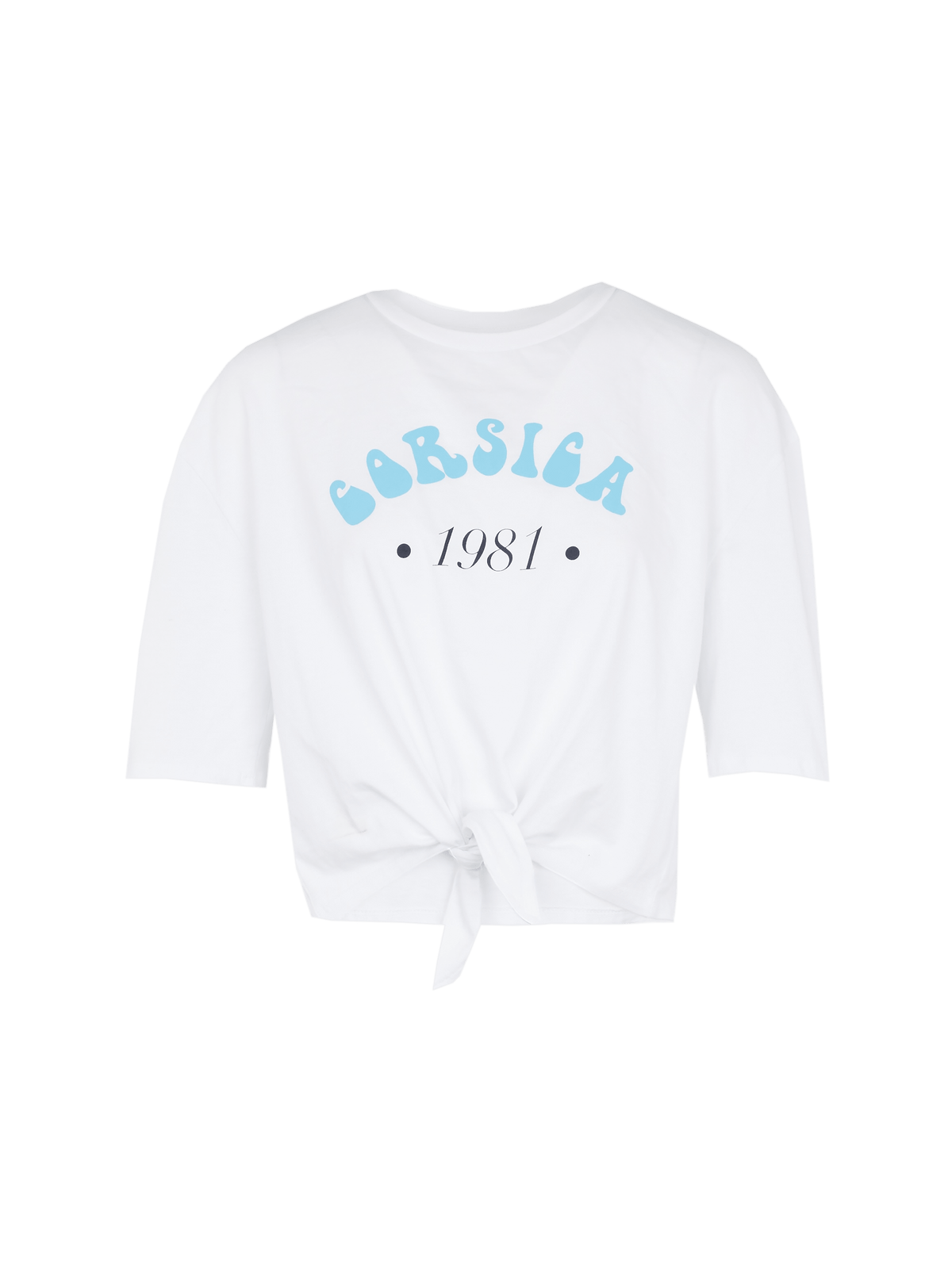 CORSICA - T-shirt cropped noué manches courtes en coton blanc imprimé bleu ciel T-shirt Fête Impériale