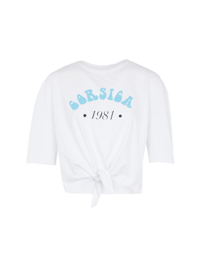 CORSICA - T-shirt cropped noué manches courtes en coton blanc imprimé bleu ciel T-shirt Fête Impériale