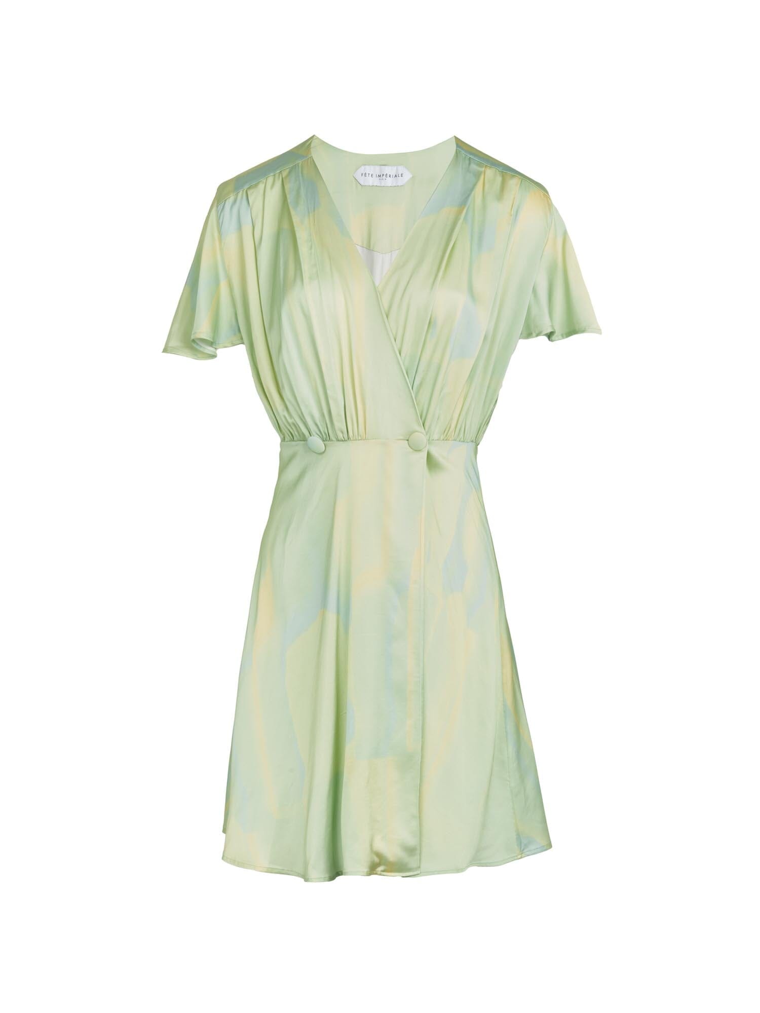 DENISE - Robe courte cache-cœur en satin de viscose imprimé Tie & Dye Vert Robe Fête Impériale