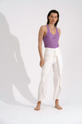 ELOISE - Pantalon taille haute à nouer en cupro Blanc Pantalon Fête Impériale