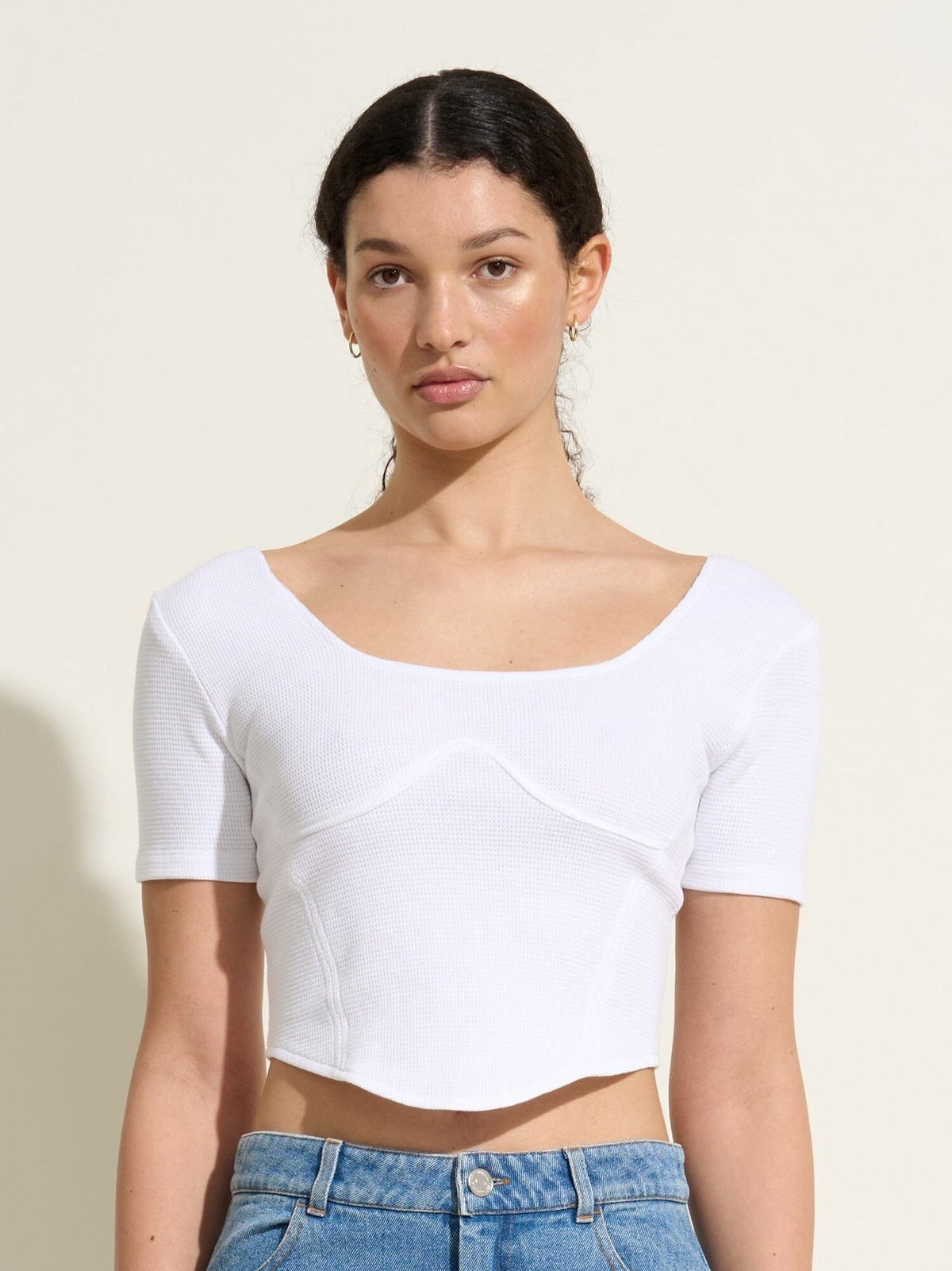 EUCLIDE - Top cropped esprit corset en jersey piqué de coton organique Blanc Top Fête Impériale
