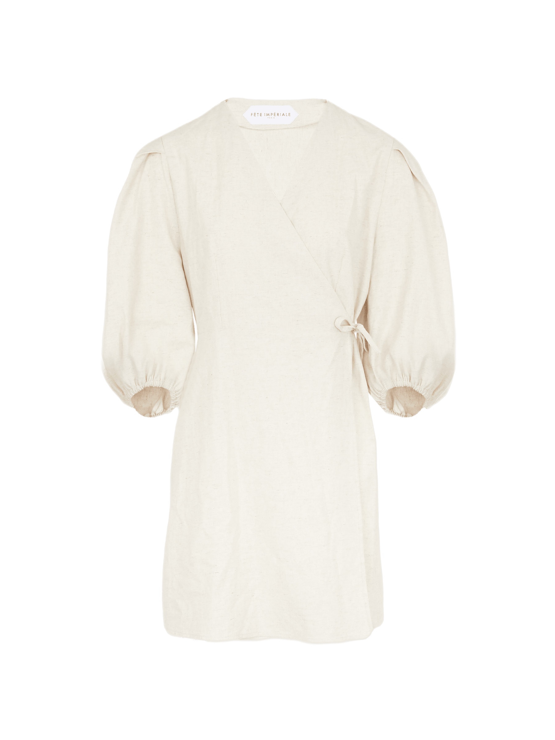 EURYDICE - Robe portefeuille courte à manches ballons en gabardine écru Robe Fête Impériale