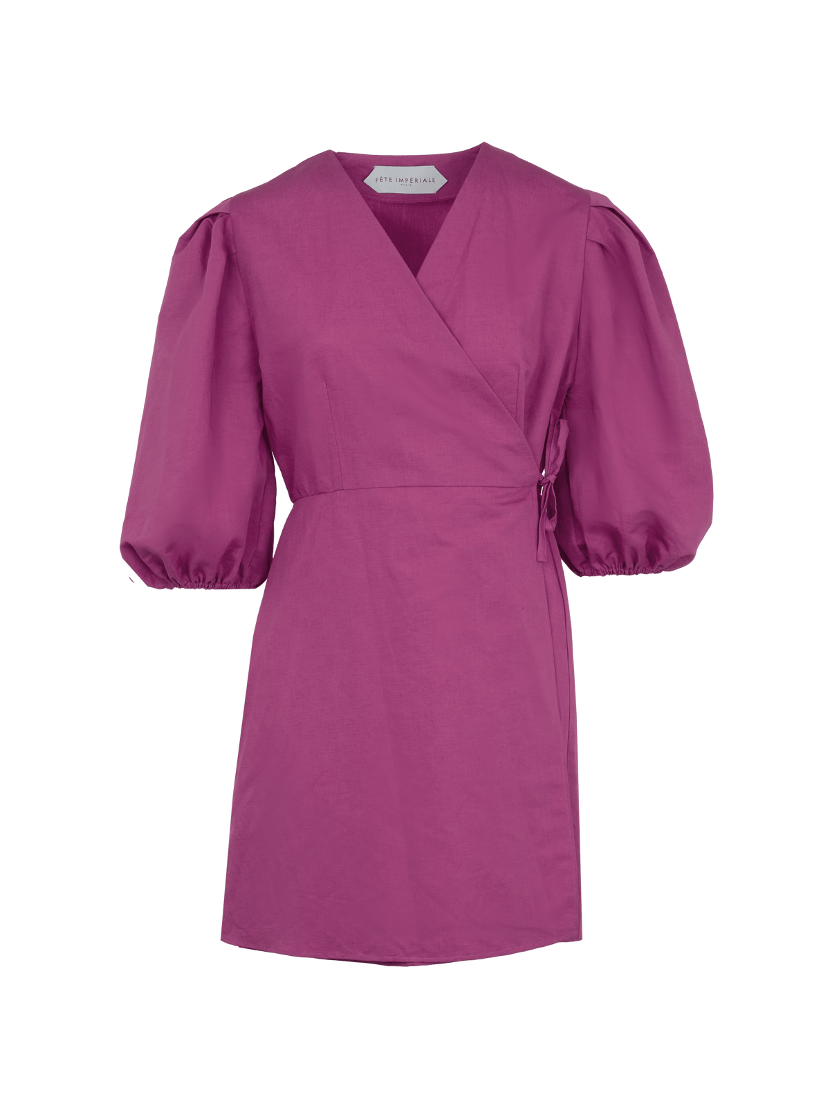EURYDICE - Robe portefeuille courte à manches ballons en lin et coton fuchsia Robe Fête Impériale