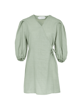 EURYDICE - Robe portefeuille courte à manches ballons en toile de coton Oeko-Tex vert céladon Robe Fête Impériale