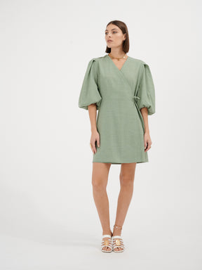 EURYDICE - Robe portefeuille courte à manches ballons en toile de coton Oeko-Tex vert céladon Robe Fête Impériale