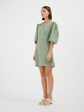 EURYDICE - Robe portefeuille courte à manches ballons en toile de coton Oeko-Tex vert céladon Robe Fête Impériale