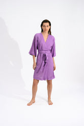 FAYE - Robe courte kimono manches 3/4 en maille de chanvre Mauve Robe Fête Impériale