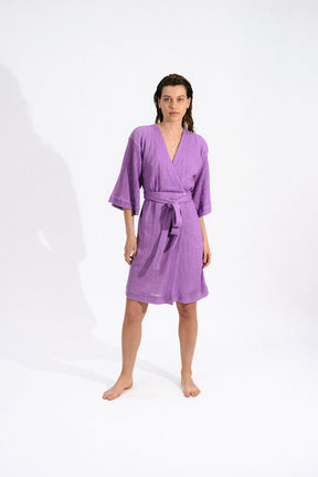 FAYE - Robe courte kimono manches 3/4 en maille de chanvre Mauve Robe Fête Impériale