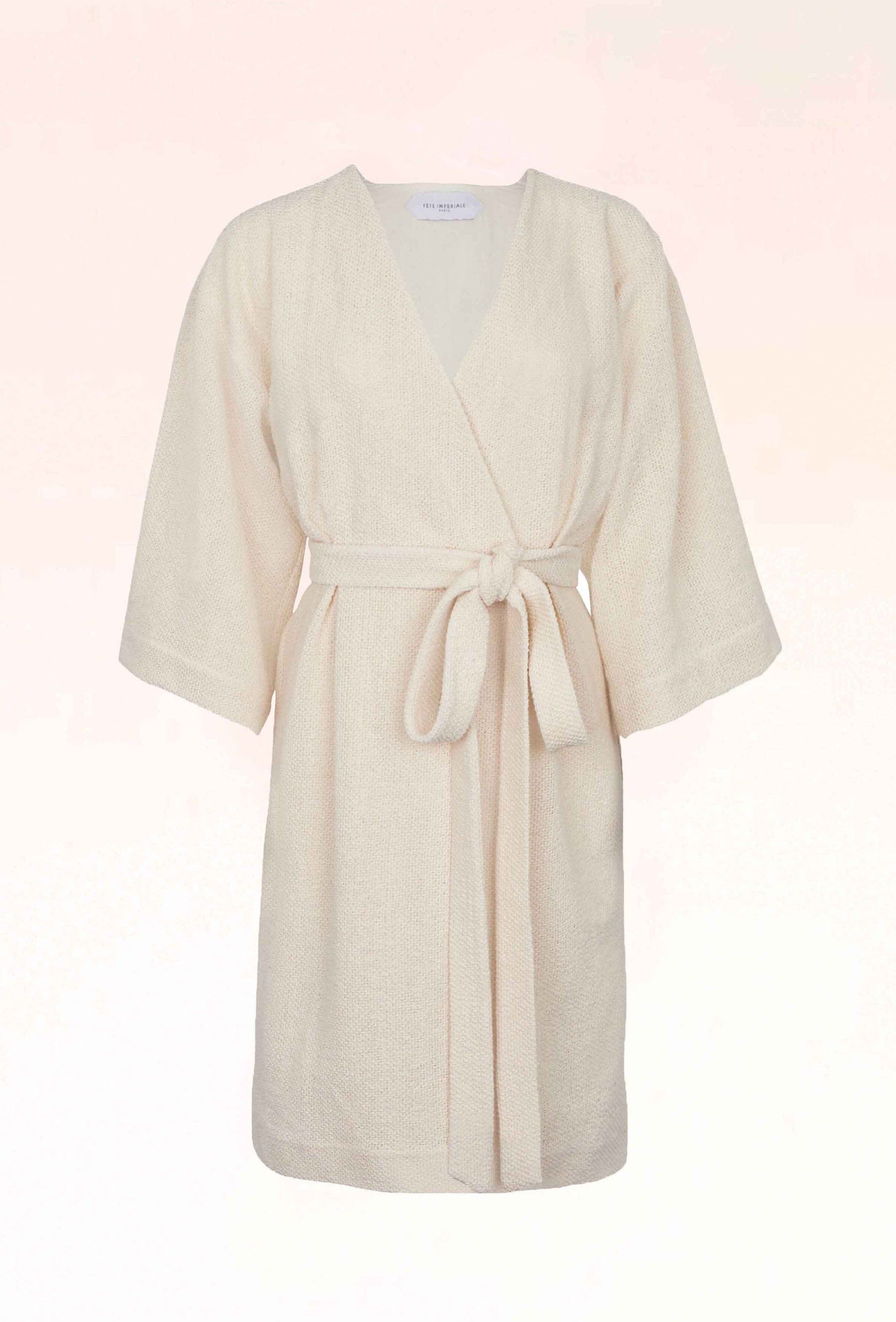 FAYE - Robe courte kimono manches 3/4 en maille de dentelle Ecru Robe Fête Impériale