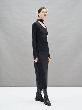 GAIA - Robe longue ajustée col cheminée et vague en jersey Hermione Noir Robe Fête Impériale