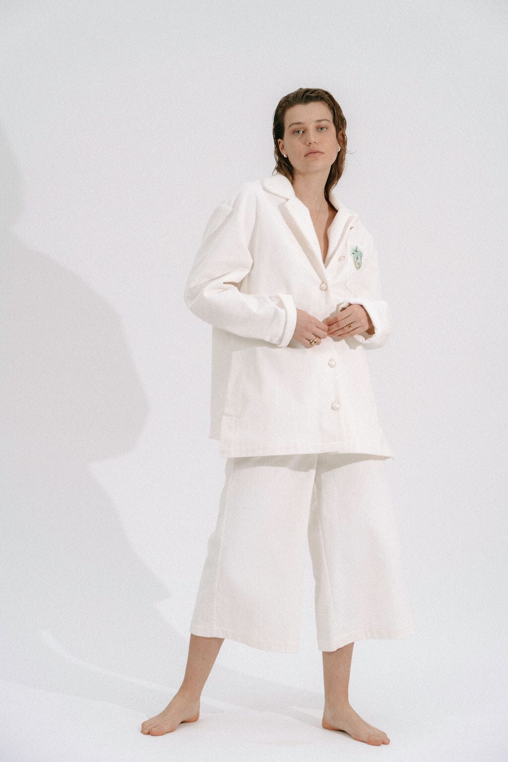 GIANNI - Jupe Culotte taille haute en velours côtelé Blanc Pantalon Fête Impériale
