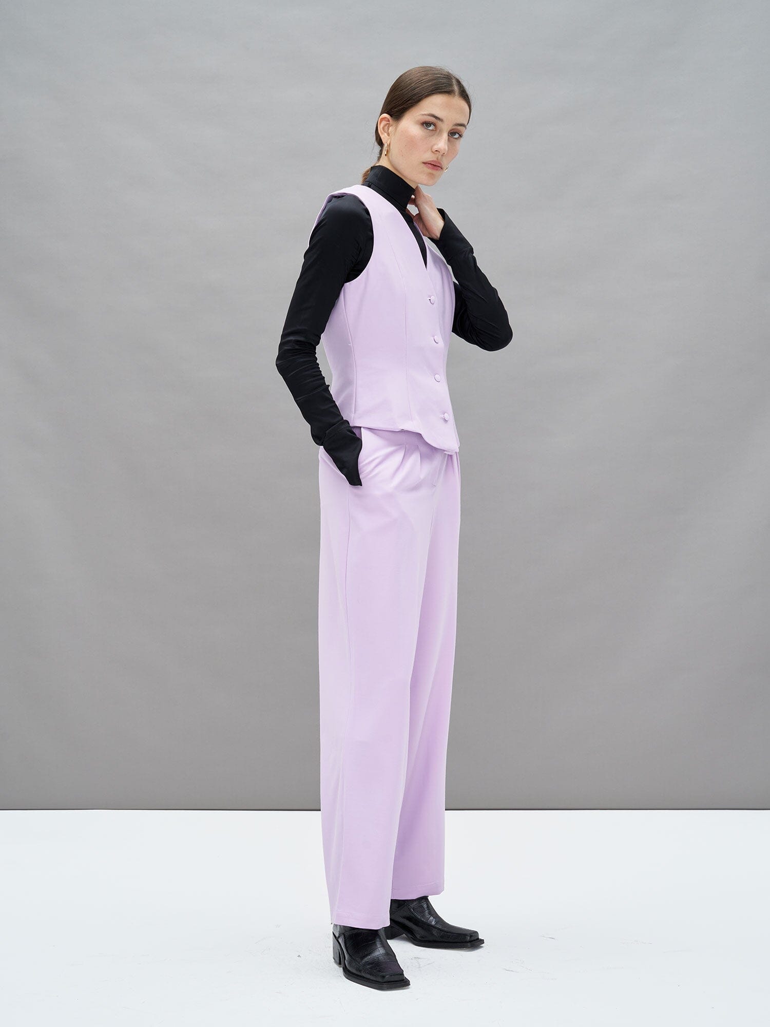 GILBERT - Pantalon taille haute à pinces en twill de laine stretch Oeko Tex Orchid Bloom Pantalon Fête Impériale