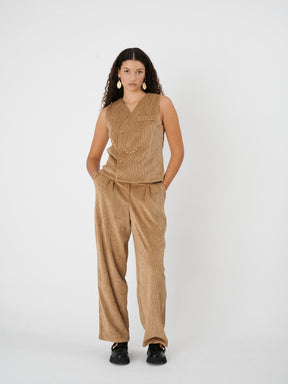 GILBERT - Pantalon taille haute à pinces en velours côtelé beige Pantalon Fête Impériale