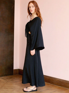 HALSTON - Robe longue évasée ajourée et boléro à nouer manches kimono en cupro noir Robe Fête Impériale