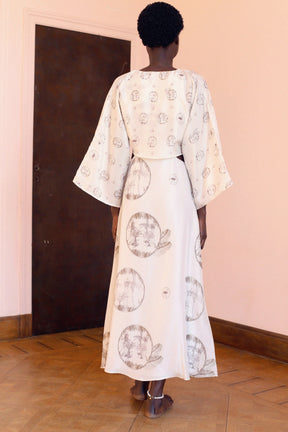 HALSTON - Robe longue évasée ajourée et boléro à nouer manches kimono en soie imprimé Persephone Robe Fête Impériale
