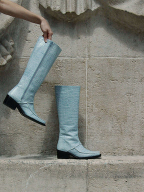 ISERAN - Bottes hautes talon et bout carré en cuir effet croco Bleu Chaussures Fête Impériale