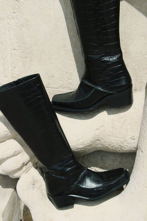 ISERAN - Bottes hautes talon et bout carré en cuir effet croco Noir Chaussures Fête Impériale