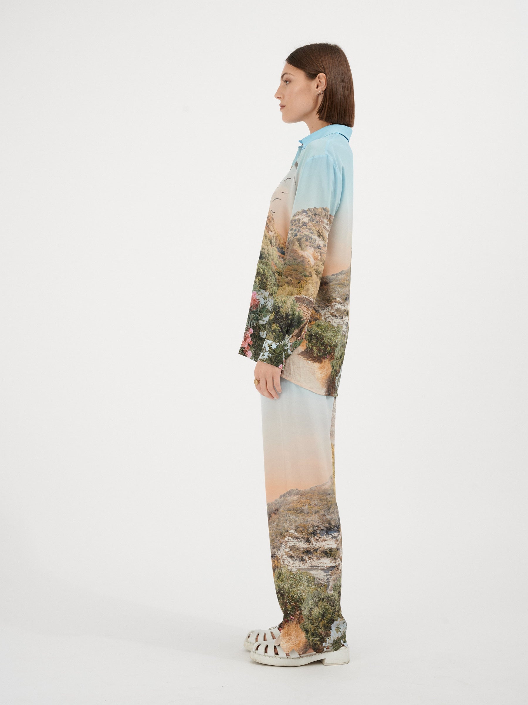KEA - Pantalon ample taille haute bas pétale crêpe de soie imprimé Grand Corsica Pantalon Fête Impériale