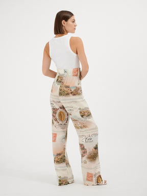 KEA - Pantalon ample taille haute bas pétale en coton imprimé Cartes Pantalon Fête Impériale