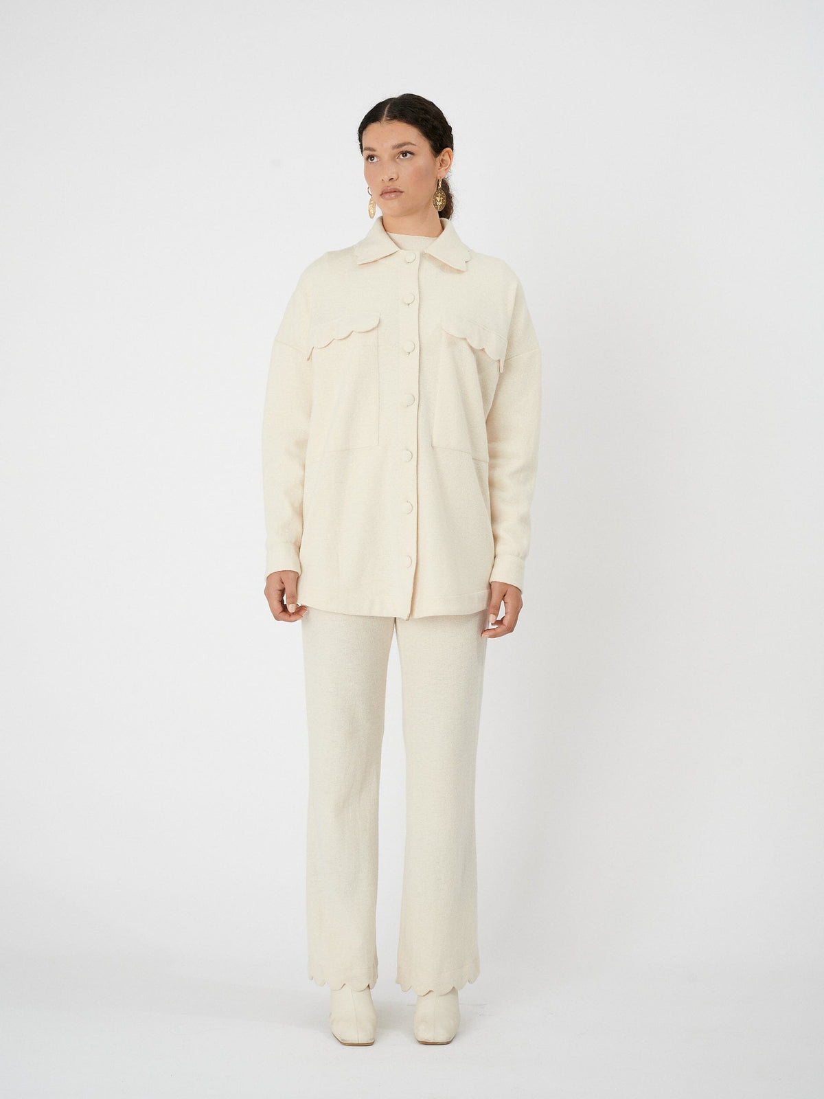 KEA - Pantalon ample taille haute bas pétale en laine mérinos Ecru Pantalon Fête Impériale