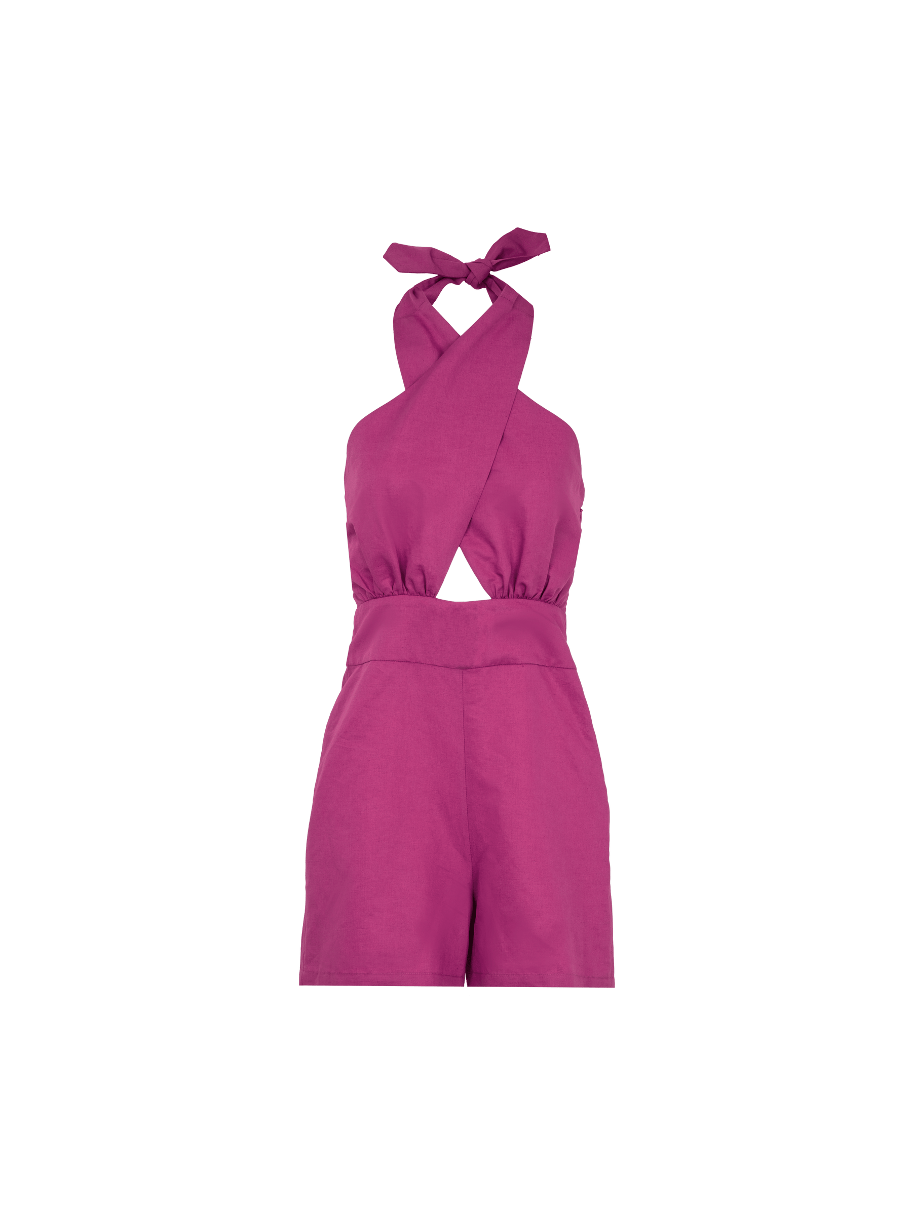 LERIA - Combishort taille haute ajourée top croisé noué en lin et coton fuchsia Combishort Fête Impériale