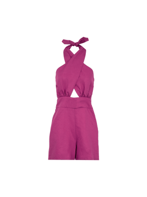 LERIA - Combishort taille haute ajourée top croisé noué en lin et coton fuchsia Combishort Fête Impériale