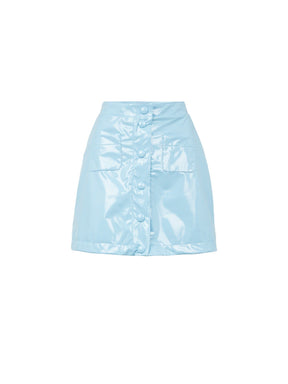 LYVIA - Mini jupe boutonnée deux poches plaquées en vinyle Bleu Jupe Fête Impériale