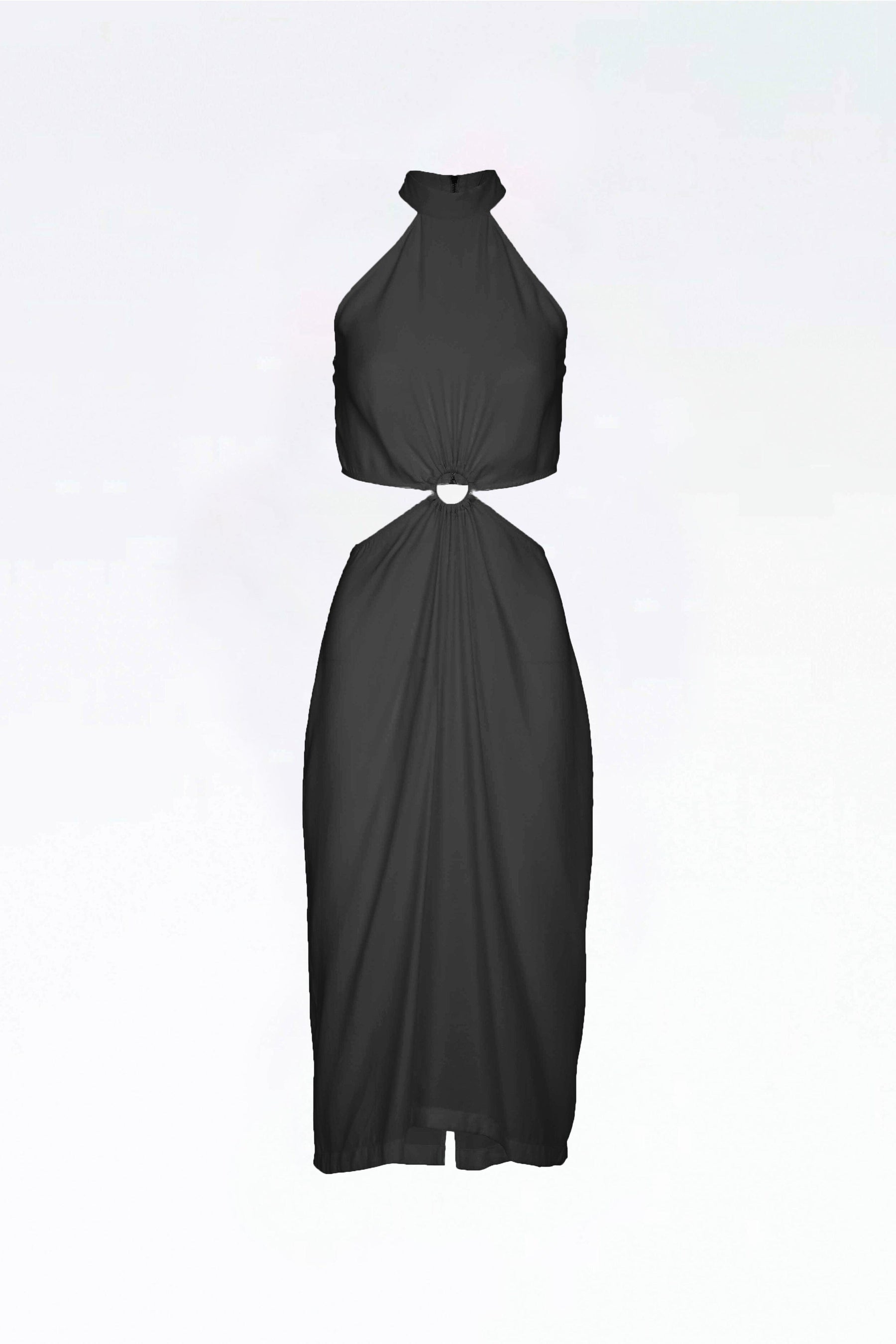 MARGUERITE - Robe midi ajourée à la taille col montant épaules nues cupro Noir Robe Fête Impériale