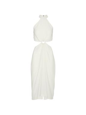 MARGUERITE - Robe midi ajourée à la taille col montant épaules nues en cupro Blanc Robe Fête Impériale