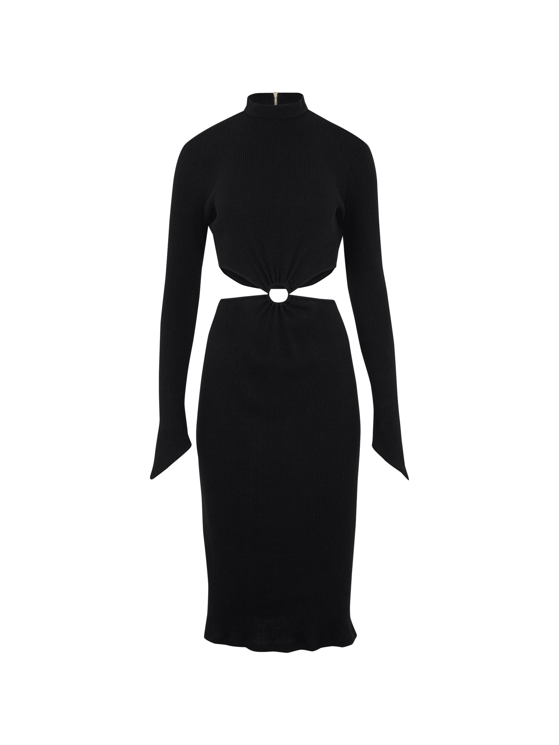 MARGUERITE - Robe midi manches longues en pointe ajourée à la taille en coton côtelé Noir Robe Fête Impériale