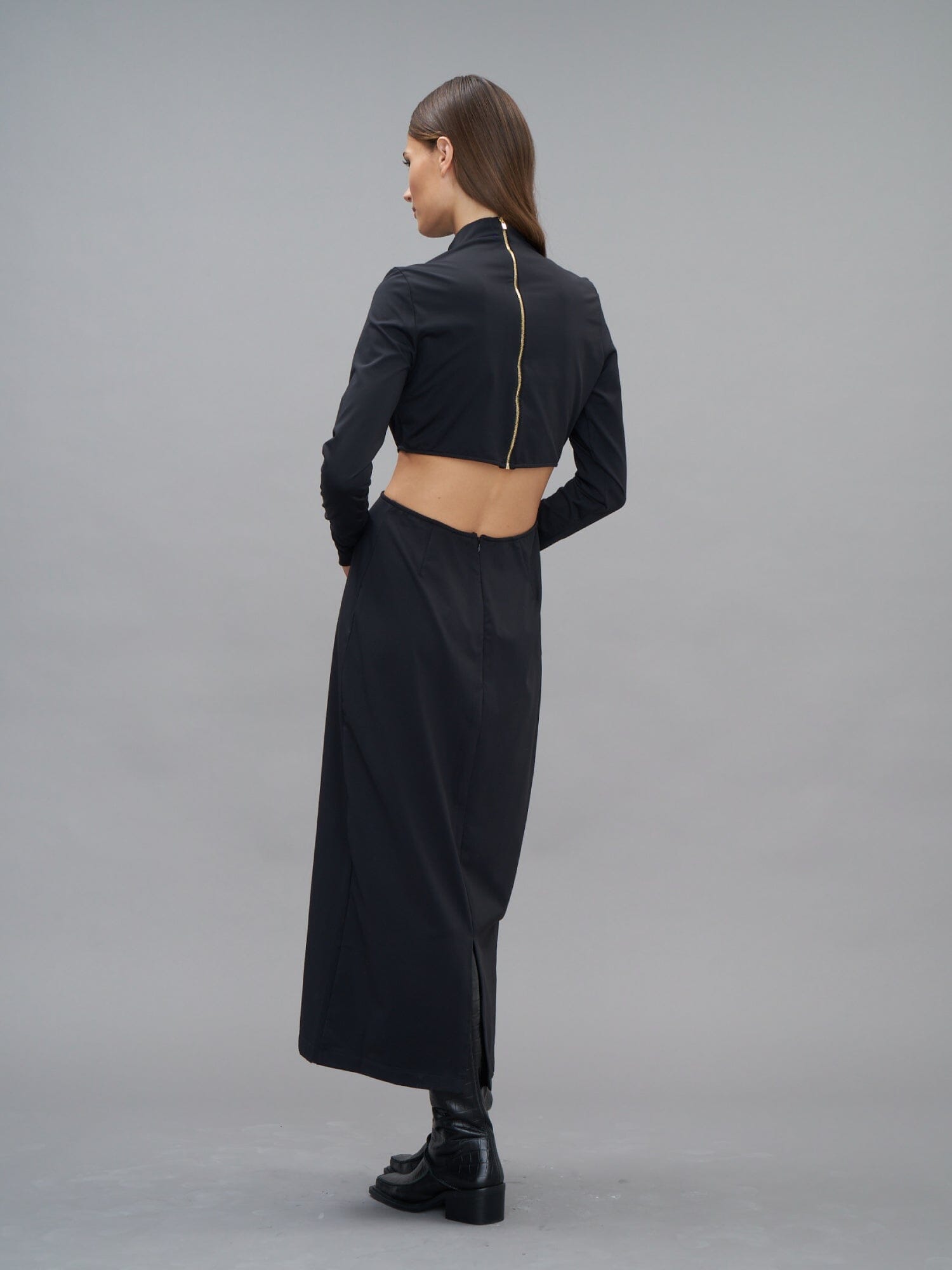 MARGUERITE - Robe midi manches longues en pointe ajourée à la taille en jersey Noir Robe Fête Impériale
