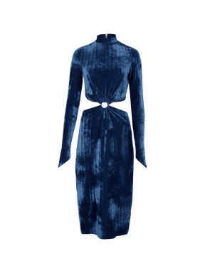 MARGUERITE - Robe midi manches longues en pointe ajourée à la taille en velours Navy Robe Fête Impériale