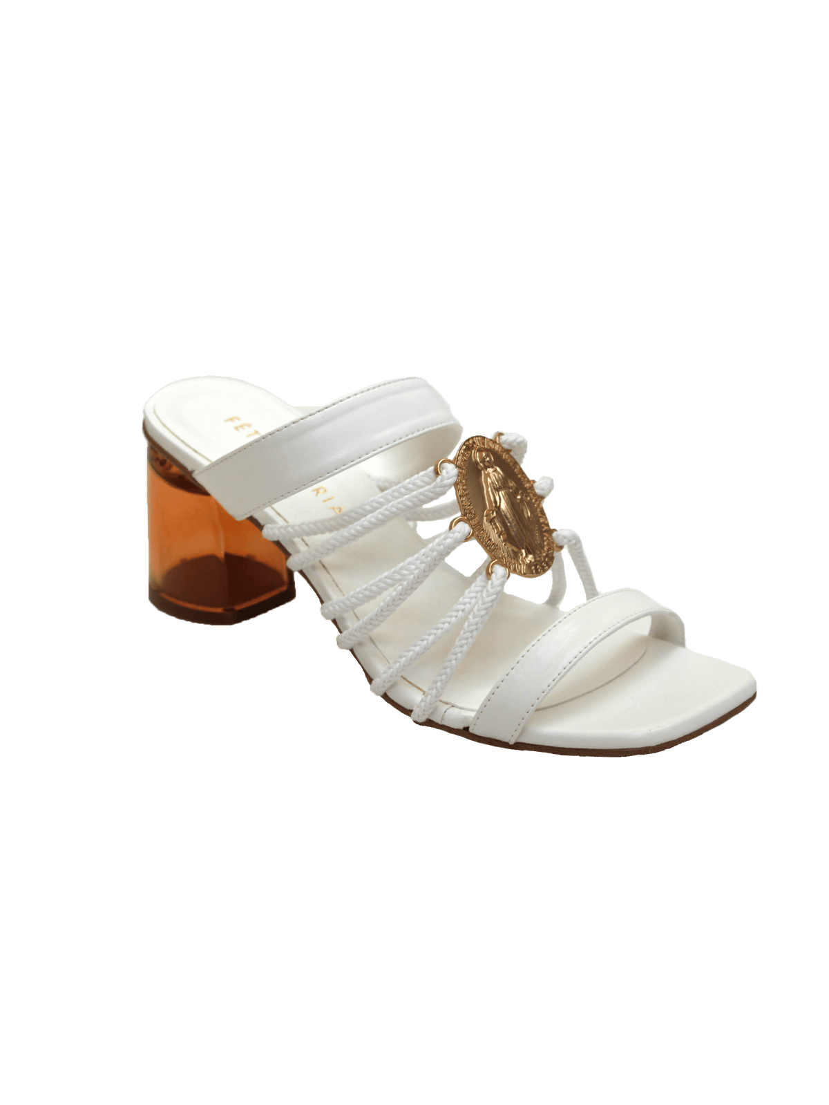 Mules à talons et brides avec médaillon Vierge Miraculeuse blanches Chaussures Fête Impériale