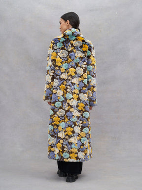 NAMA - Manteau long col châle en fausse fourrure motif fleurs multicolores Manteau Fête Impériale