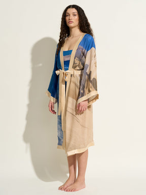 NYMPHE - Kimono mi-long oversized ceinturé en crêpe de soie imprimé Pelican Bay Kimono Fête Impériale