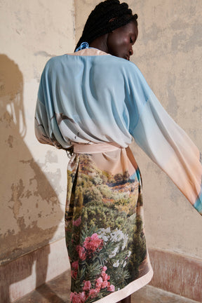 NYMPHE - Kimono oversize mi-long à nouer crêpe de soie imprimé Grand Corsica Kimono Fête Impériale