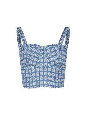 ORSU - Crop top décolleté cœur bretelles larges toile de coton bleu imprimé blason blanc Brassière Fête Impériale