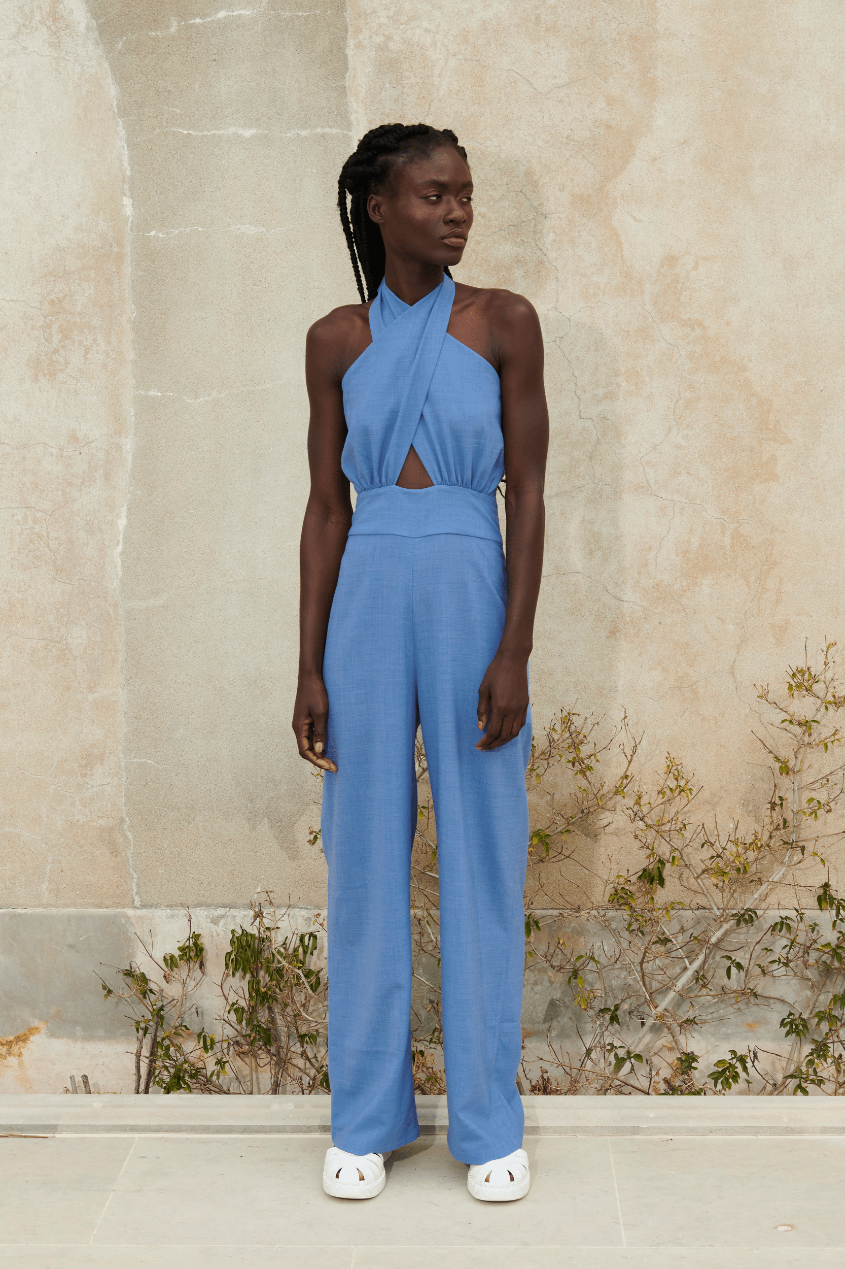 PETRA - Combinaison taille haute ajourée top croisé noué en lin et tencel bleu Combinaison Fête Impériale