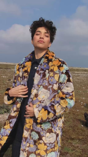 NATALIA - Manteau mi-long col châle en fausse fourrure motif fleurs multicolores