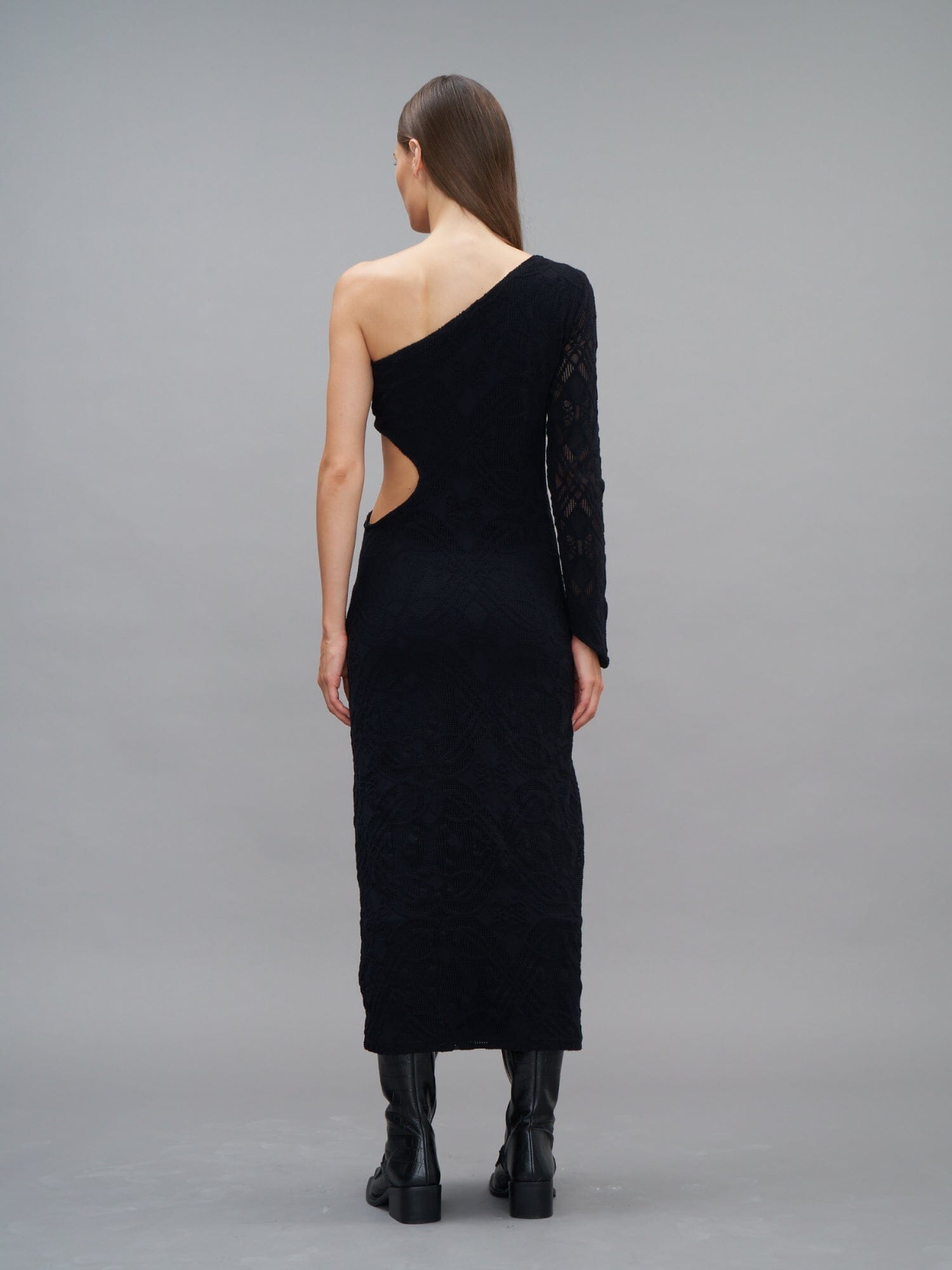 PROPRIANO - Robe longue ajustée asymétrique et ajourée en dentelle Noir Robe Fête Impériale